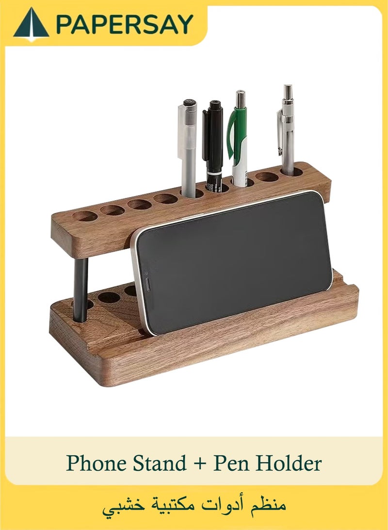 PAPERSAY Wooden Desk Organiser with Phone Stand, 9-Slot Pen Holder, Walnut Wood, 20 x 8 x 8 cm - Image 1