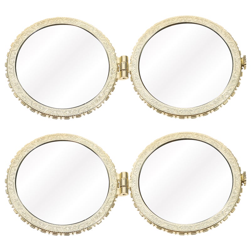 2 Pcs 7x6.5x1cm Portable Vintage Metal Flower Cloth Round Purse Shaped Folding Makeup Double-Sided Mirror Antique Pocket Mirror (As Shown) - Image 1