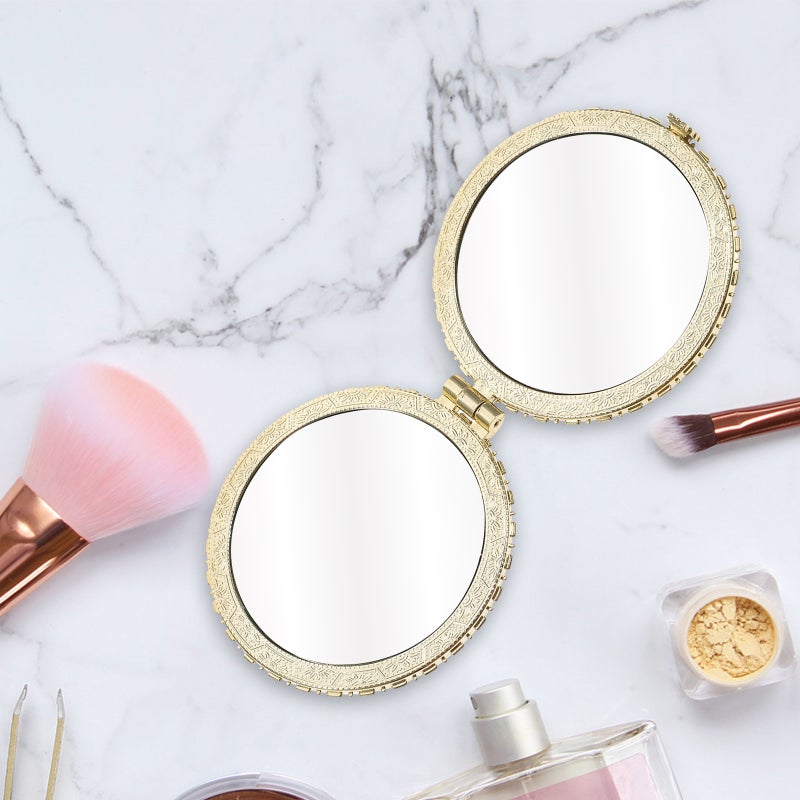 2 Pcs 7x6.5x1cm Portable Vintage Metal Flower Cloth Round Purse Shaped Folding Makeup Double-Sided Mirror Antique Pocket Mirror (As Shown) - Image 5