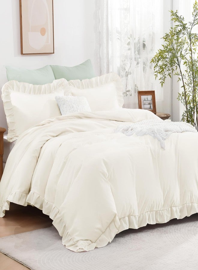 Andency Ivory Ruffle Duvet Cover Full(79x90Inch), 3 Pieces Cream Soft Washed Microfiber Vintage Shabby Chic Farmhouse Ruffled Duvet Cover Set with Zipper Closure & Corner Ties - Image 1
