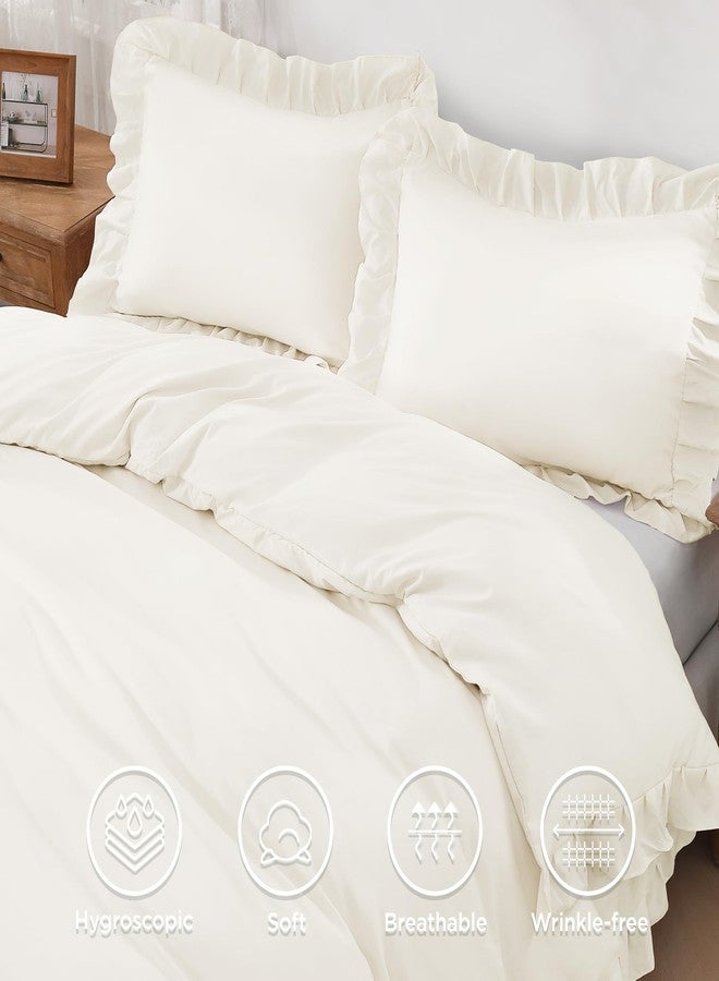 Andency Ivory Ruffle Duvet Cover Full(79x90Inch), 3 Pieces Cream Soft Washed Microfiber Vintage Shabby Chic Farmhouse Ruffled Duvet Cover Set with Zipper Closure & Corner Ties - Image 3