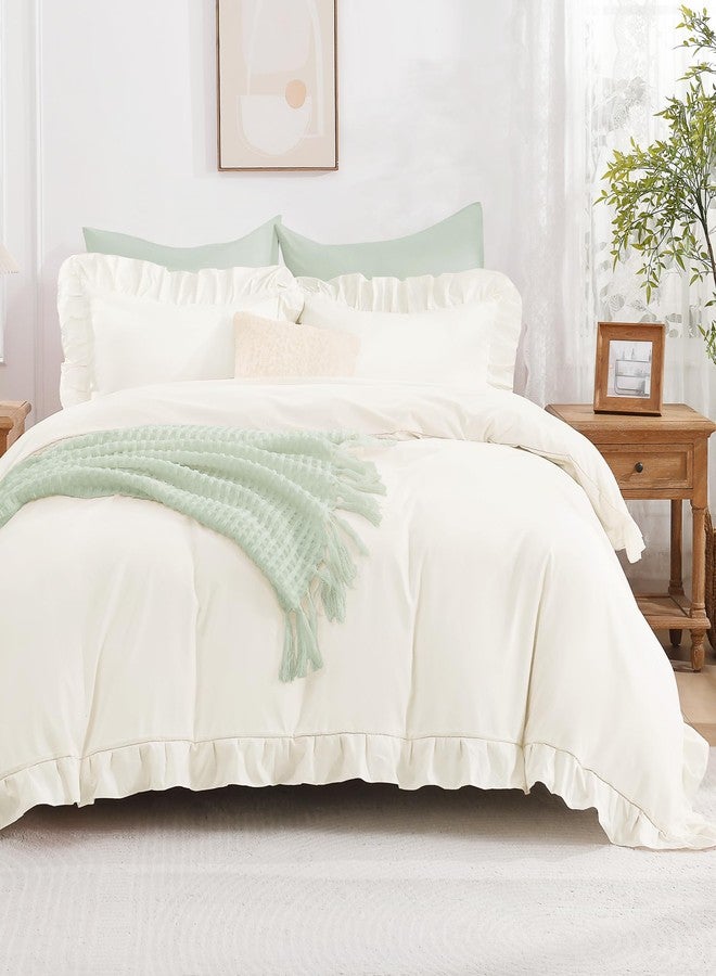 Andency Ivory Ruffle Duvet Cover Full(79x90Inch), 3 Pieces Cream Soft Washed Microfiber Vintage Shabby Chic Farmhouse Ruffled Duvet Cover Set with Zipper Closure & Corner Ties - Image 2