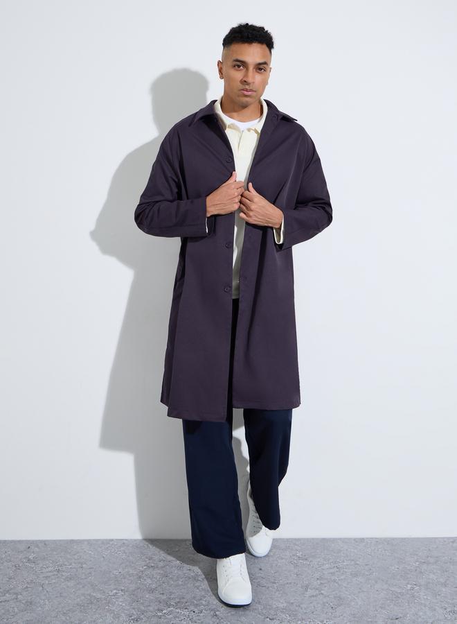 Styli Purple Solid Regular Fit Button-Up Trench Coat - Image 2