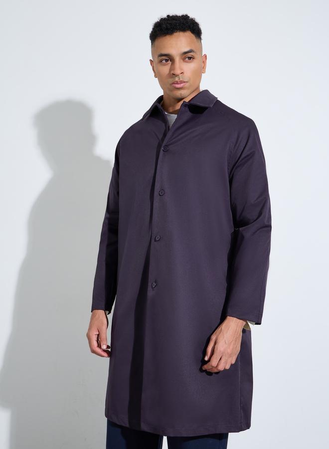 Styli Purple Solid Regular Fit Button-Up Trench Coat - Image 3