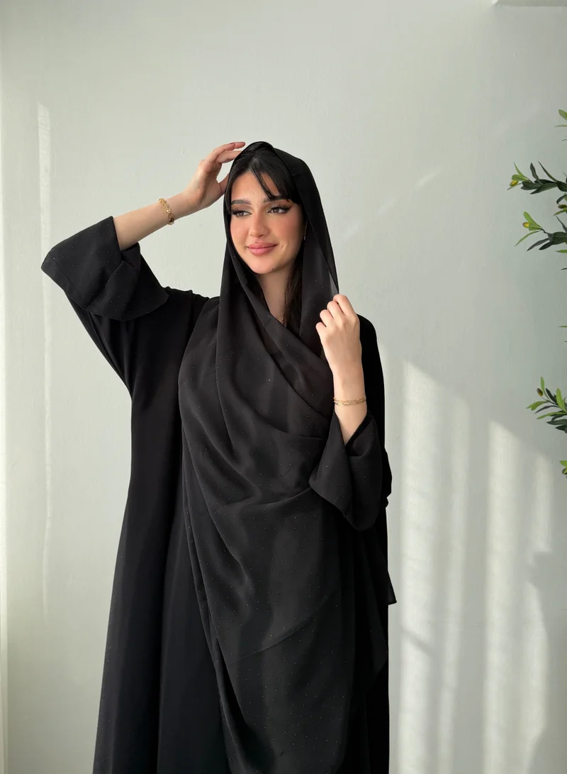 Lusin Abaya Royal Crepe Abaya with Black-Studded Chiffon Inserts and Lined Sleeves