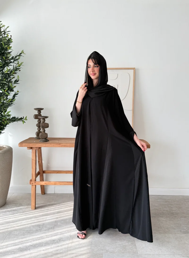 Lusin Abaya Royal Crepe Abaya with Black-Studded Chiffon Inserts and Lined Sleeves