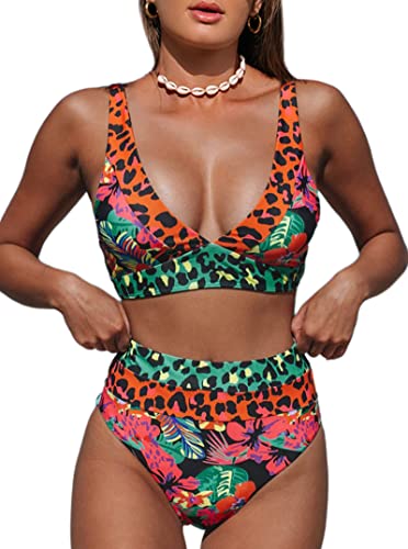 Hilinker Women's Leopard Bikini Swimsuits V Neck High Waisted 2 Piece Bathing Suits Coral Large - Image 5