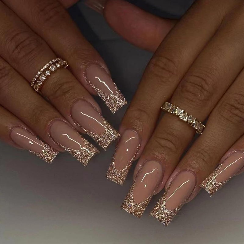 24pcs Long Coffin False Nails French Glitter Gold Tip Stick on Nails Nude Press on Nails Removable Glueon Nails Fake Nails Women Girls Nail Art Accessories 10 millilitre
