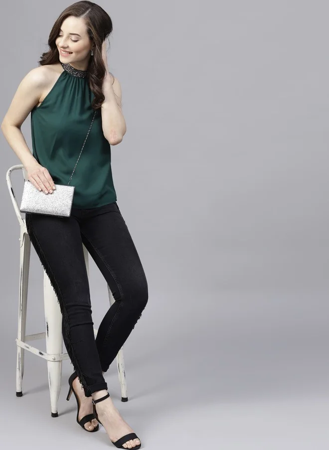 STREET 9 بلوزة نسائية بتصميم - وكسرات خضراء