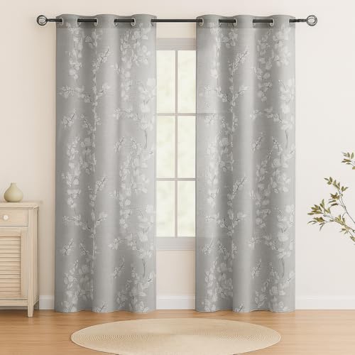 BFAM Sheer Curtain with Floral Print, Premium Printed Sheer Drapes, Eyelet/Grommet Curtain for Living Room, Bedroom, Light Filtering Curtains, Grey Floral 7 Feet,Pack of 1 Curtain - Image 1