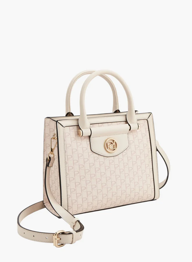 Paprika Monogram Print Tote Bag with Double Handle and Zip Closure
