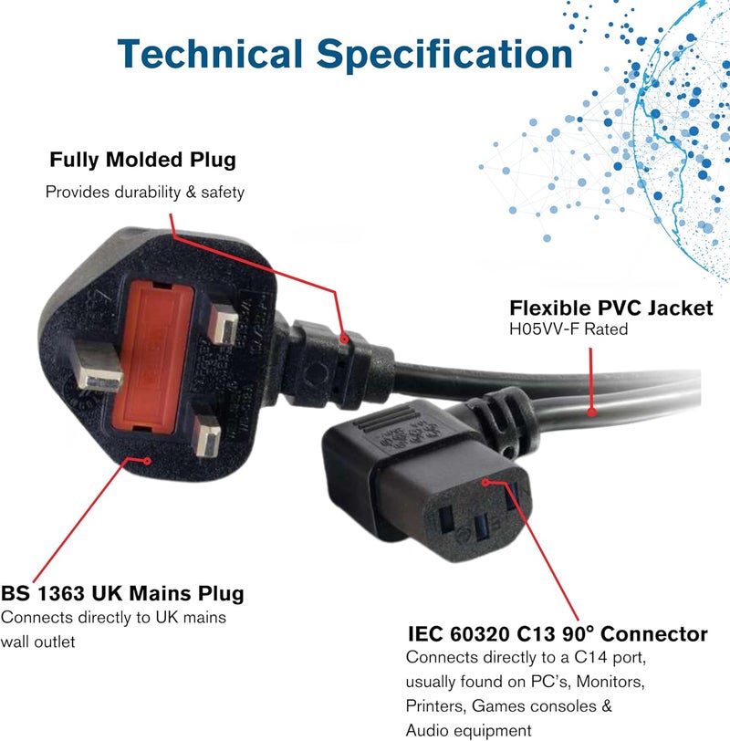 سي2جي 5 متر كابل طاقة بزاوية 90 درجة 18 AWG (من IEC320C13R إلى BS1363) سلك غلاية بزاوية قائمة، أسود - Image 3