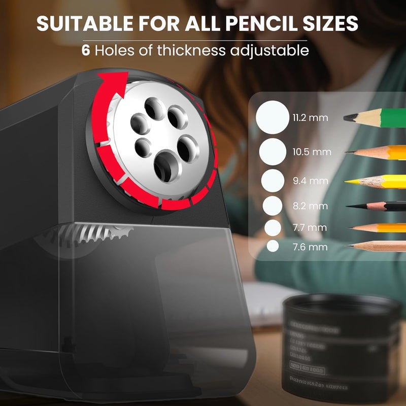 Aurbuex Heavy Duty Electric Pencil Sharpener – 6-Hole for 6-12mm Pencils, Auto Start/Stop, Fast 4s Sharpening, Zinc Alloy Blade, 10,000+ Sharpenings – Ideal for Classroom, Office & Art Use(S260) - Image 2