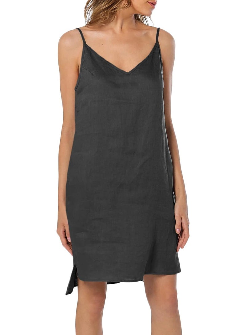 Amazhiyu Amazhyu Womens100% Linen V Neck Spaghetti Strap Sleeveless Summer Dresses with Slit Black, Small - Image 1