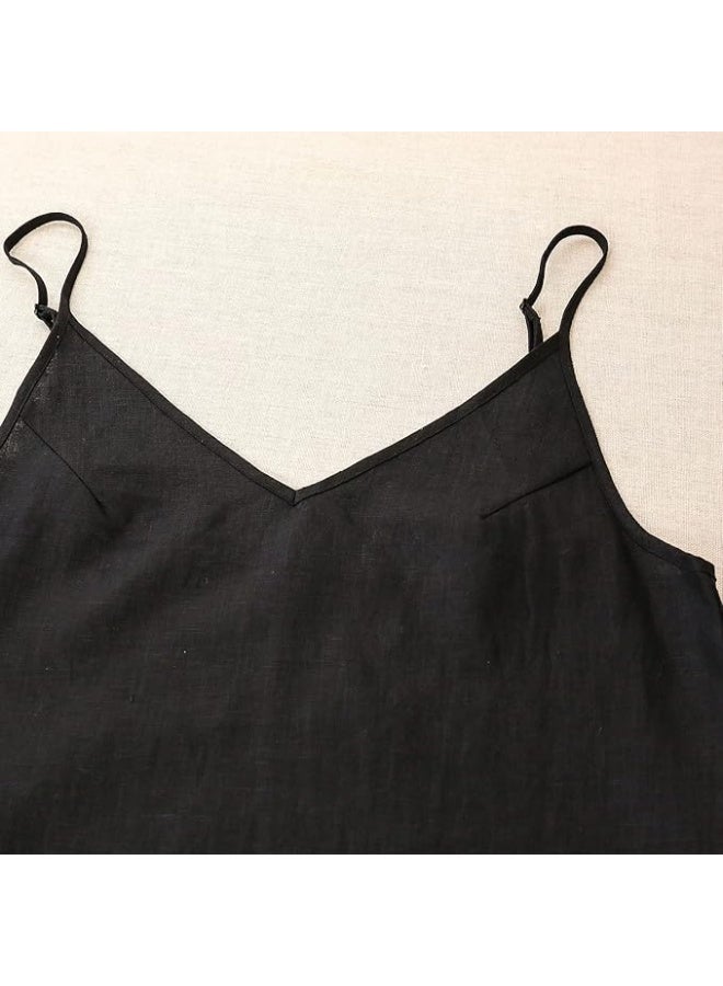 Amazhiyu Amazhyu Womens100% Linen V Neck Spaghetti Strap Sleeveless Summer Dresses with Slit Black, Small - Image 4