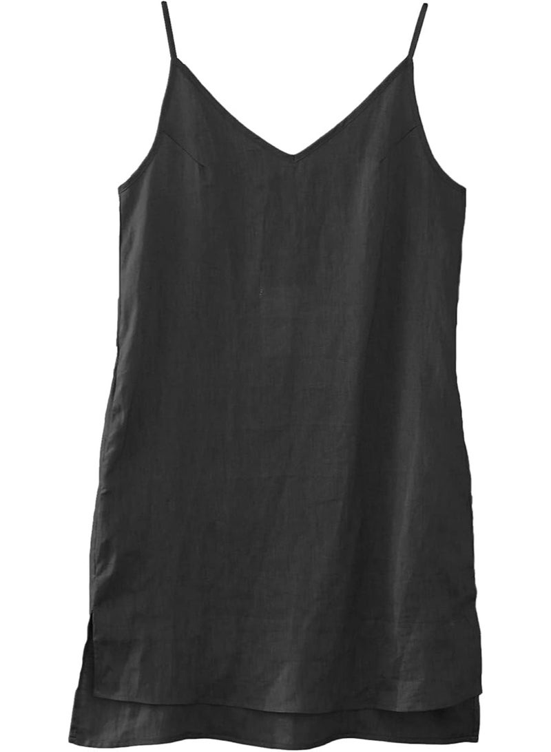 Amazhiyu Amazhyu Womens100% Linen V Neck Spaghetti Strap Sleeveless Summer Dresses with Slit Black, Small - Image 2