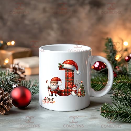 Comelyns Christmas Alphabet Word Printed Ceramic Mug, Xmas Coffee Cup Gift for Kids, Boys, Girls (Letter J) - Image 1