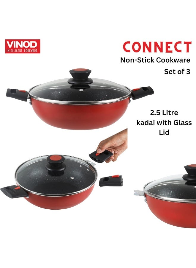 VINOD مجموعة أواني الطهي القابلة للفصل غير اللاصقة من فينود كونكت - 3 قطع مع مقبض باكلايت (سمك 3 مم) - 24 سم كاداي مع غطاء زجاجي سعة 2.5 لتر / 24 سم مقلاة / 28 سم طاسة دوسا، قاعدة للغاز والتحريض - Image 5