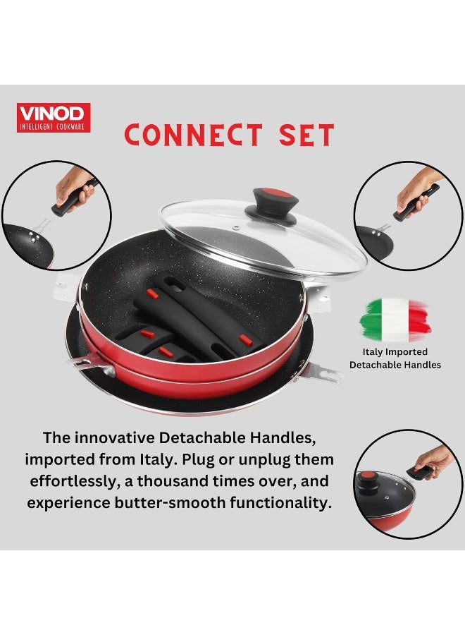 VINOD مجموعة أواني الطهي القابلة للفصل غير اللاصقة من فينود كونكت - 3 قطع مع مقبض باكلايت (سمك 3 مم) - 24 سم كاداي مع غطاء زجاجي سعة 2.5 لتر / 24 سم مقلاة / 28 سم طاسة دوسا، قاعدة للغاز والتحريض - Image 3