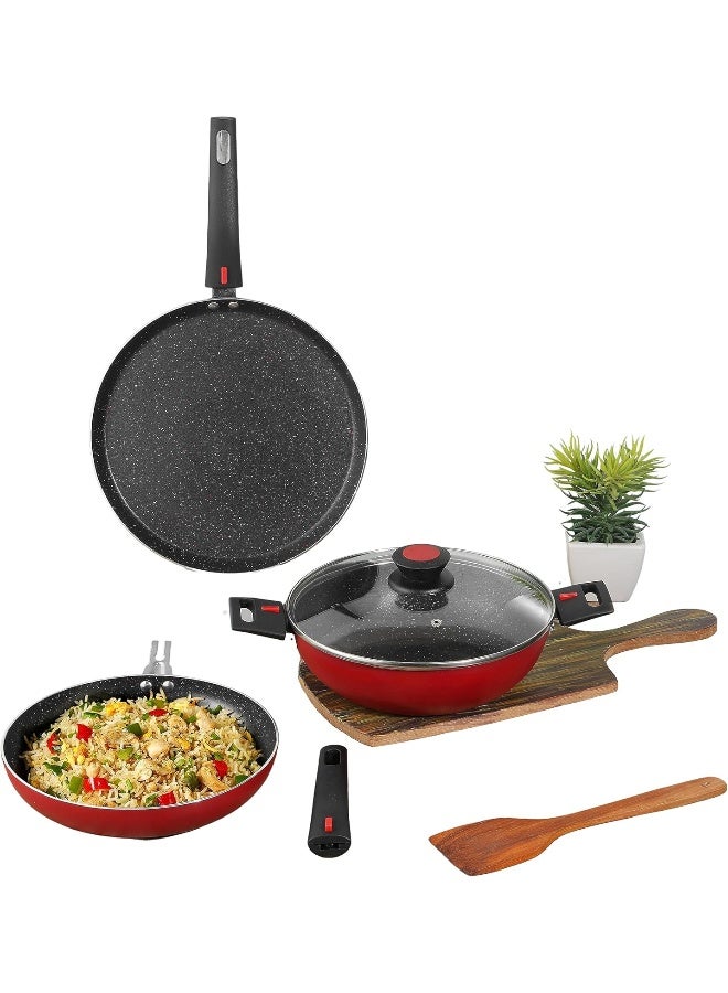 VINOD مجموعة أواني الطهي القابلة للفصل غير اللاصقة من فينود كونكت - 3 قطع مع مقبض باكلايت (سمك 3 مم) - 24 سم كاداي مع غطاء زجاجي سعة 2.5 لتر / 24 سم مقلاة / 28 سم طاسة دوسا، قاعدة للغاز والتحريض - Image 1