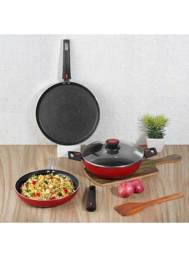 VINOD مجموعة أواني الطهي القابلة للفصل غير اللاصقة من فينود كونكت - 3 قطع مع مقبض باكلايت (سمك 3 مم) - 24 سم كاداي مع غطاء زجاجي سعة 2.5 لتر / 24 سم مقلاة / 28 سم طاسة دوسا، قاعدة للغاز والتحريض - Image 2