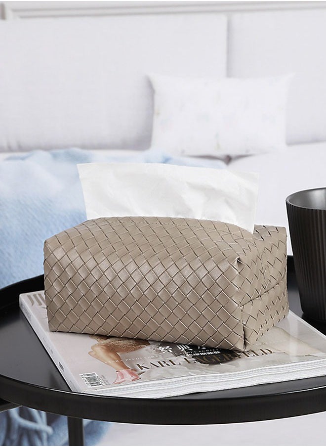 FLYROAD Tissue Box Cover Rectangle Cube Faux Pu Leather Woven Facial Box Covers Holder Tray Organizer for House Tabletop Office Car Bathroom Decorative(Khaki)  - Image 4