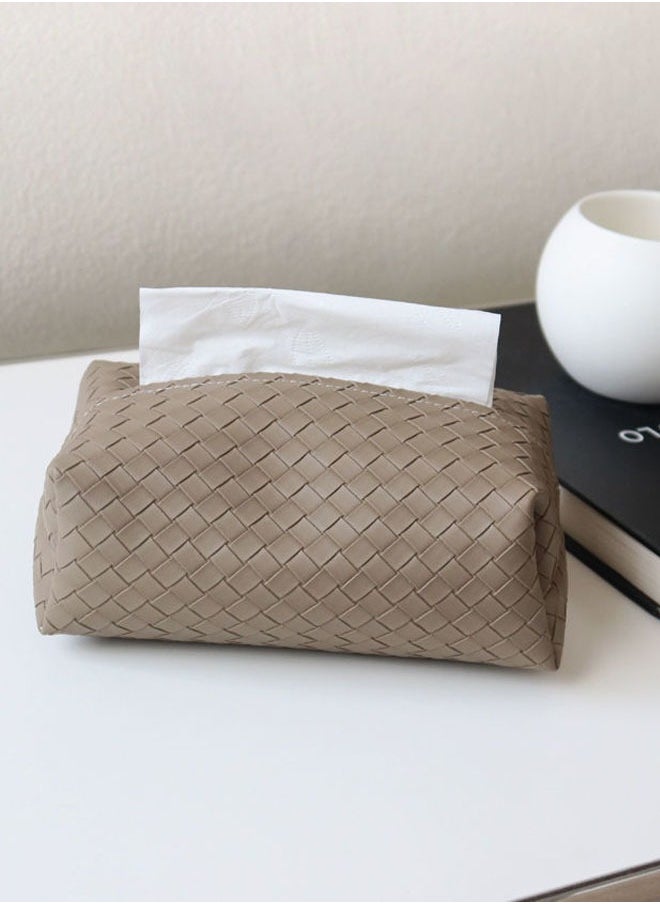 FLYROAD Tissue Box Cover Rectangle Cube Faux Pu Leather Woven Facial Box Covers Holder Tray Organizer for House Tabletop Office Car Bathroom Decorative(Khaki)  - Image 1