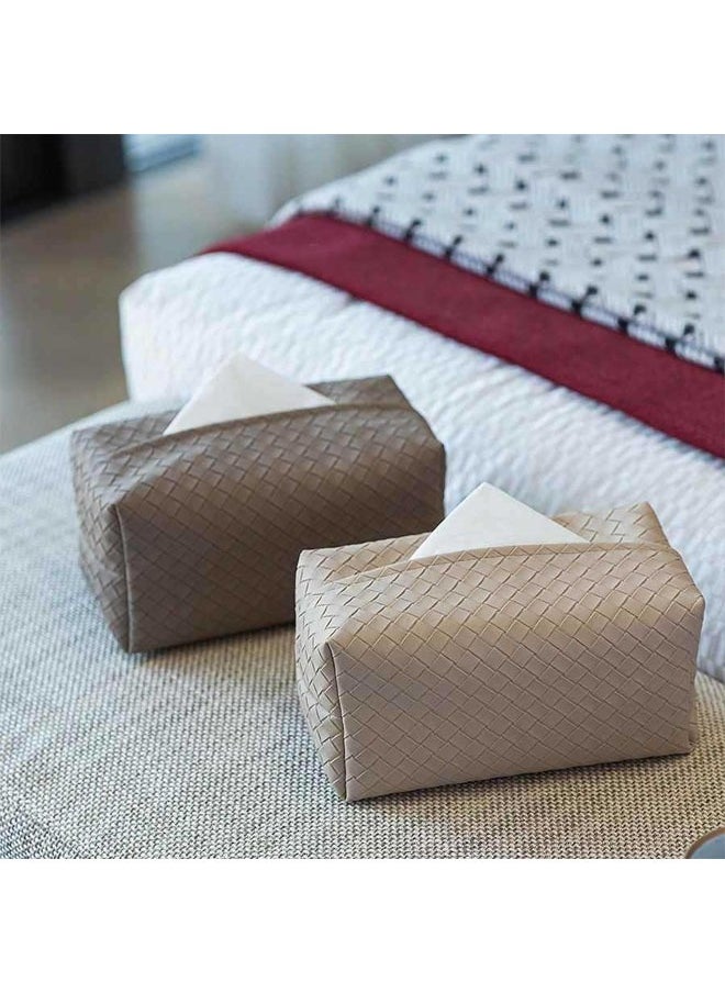 FLYROAD Tissue Box Cover Rectangle Cube Faux Pu Leather Woven Facial Box Covers Holder Tray Organizer for House Tabletop Office Car Bathroom Decorative(Khaki)  - Image 3
