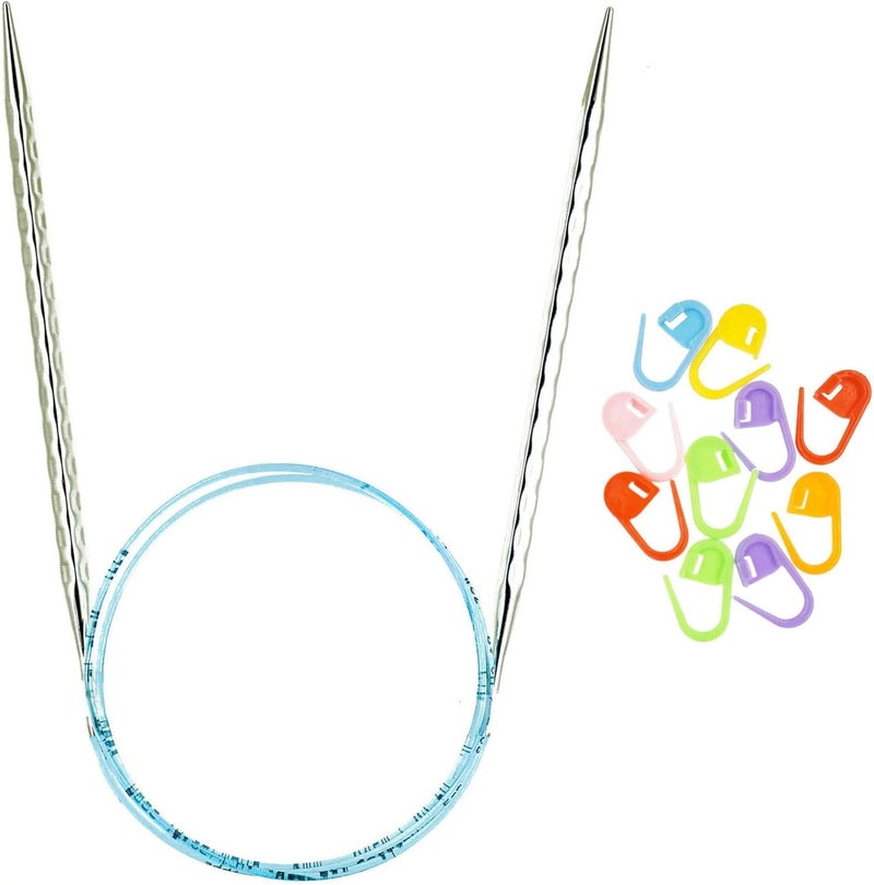 Addi Rocket 2 Squared Ergonomic 32-inch (80cm) US 4 (3.5mm) Circular Knitting Needle, Textured Finish, Rounded Edges, Long Taper Sharp Tips, Blue Cord with 10 Colorful Stitch Markers - Image 1