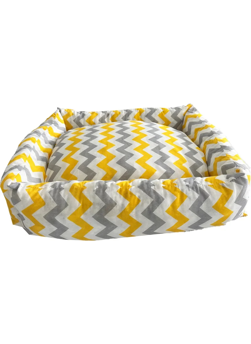 Nelson Washable Cat and Dog Bed Cat Bed 60X45X17 Cm-Yellow Gray Zigzag