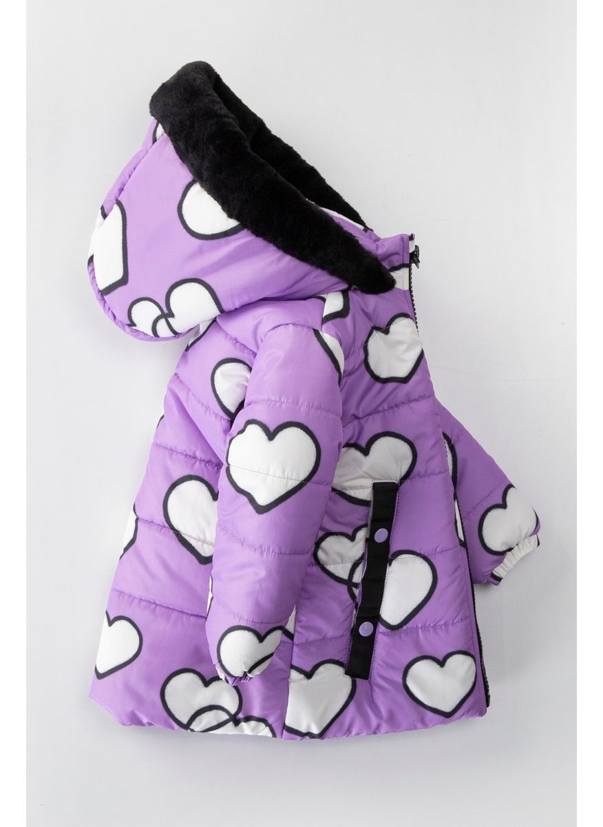 Podium Giyim Podium Clothing Trend Cute Heart Figured Zippered Gilded Furry Pocket Hooded Winter Coat  - Image 2