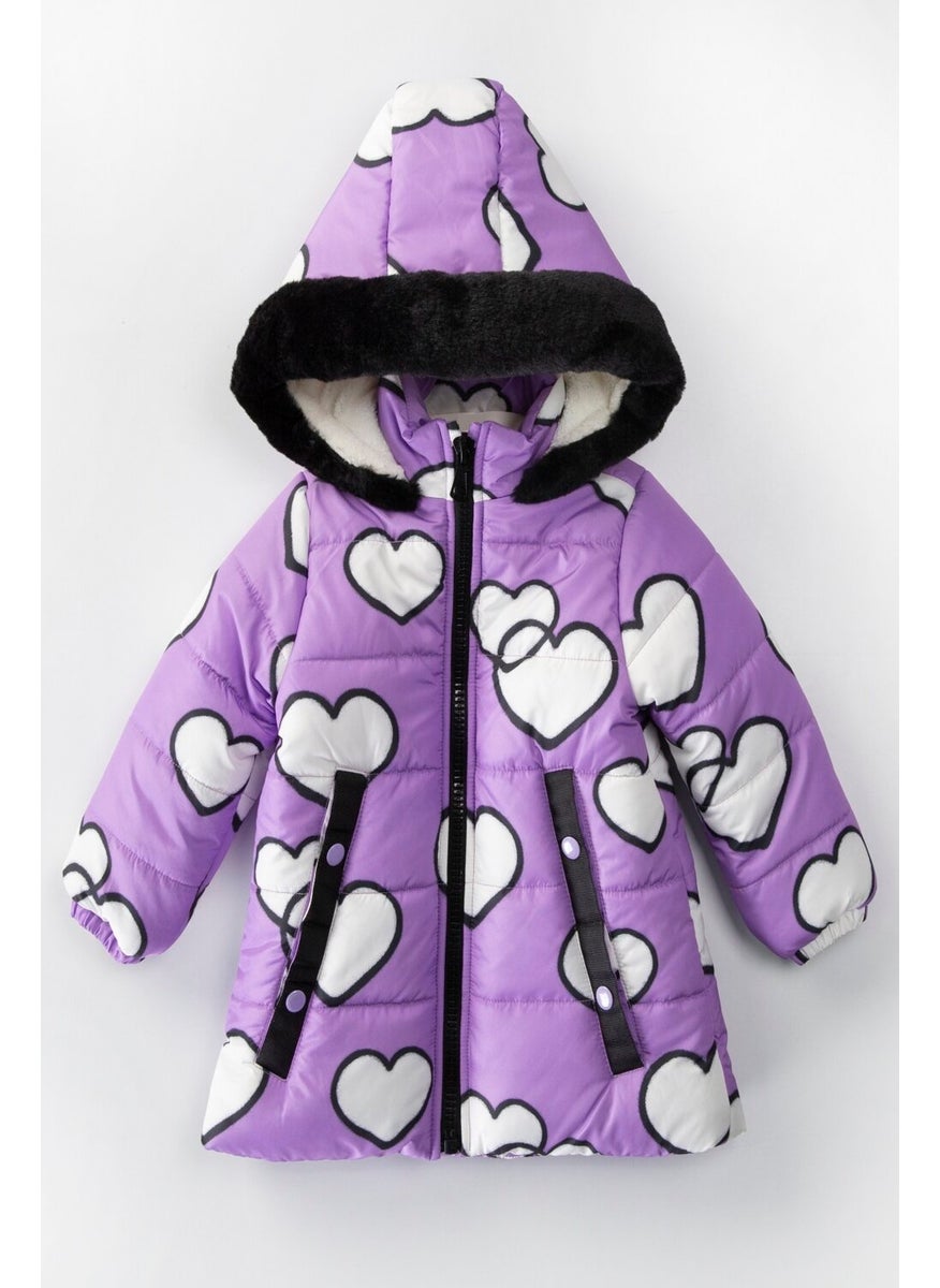Podium Giyim Podium Clothing Trend Cute Heart Figured Zippered Gilded Furry Pocket Hooded Winter Coat  - Image 1