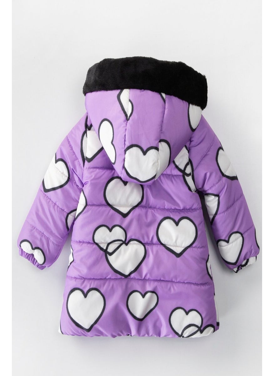 Podium Giyim Podium Clothing Trend Cute Heart Figured Zippered Gilded Furry Pocket Hooded Winter Coat  - Image 4
