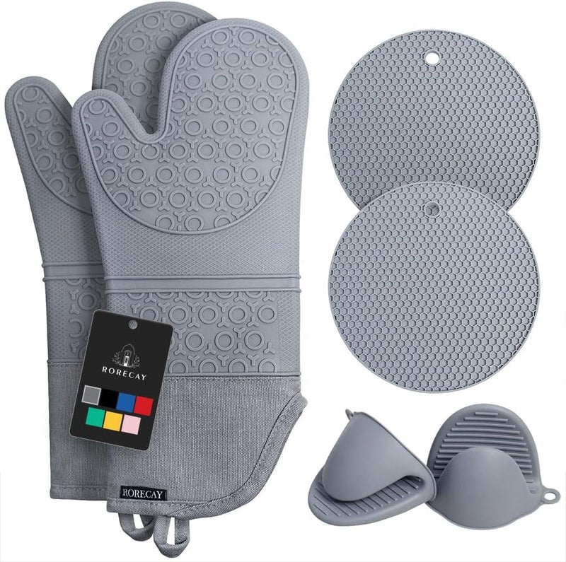 rorecay 6pcs Oven Mitts and Pot Holders Sets for Kitchen, Extra Long Silicone Oven Gloves High Heat Resistant 500 Degrees Non-Slip Potholders Hot Pads for Baking Cooking, Grey - Image 1