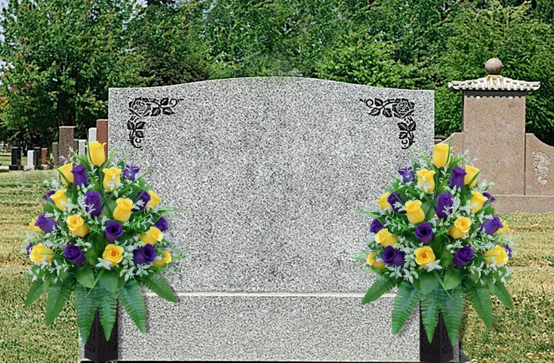 LVXINLI Artificial Cemetery Flowers, Gravesite Decoration Roses, Memorial Bouquets with Cemetery Vase, Vibrant and Long-Lasting Colors ï¼ˆ Yellow+Purple, 2 Bundles - Image 4