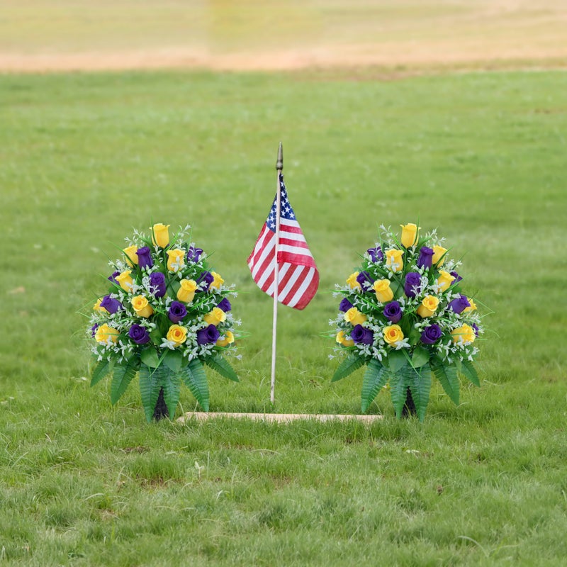 LVXINLI Artificial Cemetery Flowers, Gravesite Decoration Roses, Memorial Bouquets with Cemetery Vase, Vibrant and Long-Lasting Colors ï¼ˆ Yellow+Purple, 2 Bundles - Image 3
