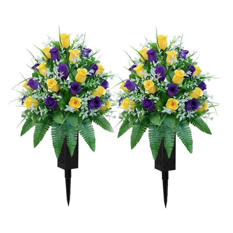 LVXINLI Artificial Cemetery Flowers, Gravesite Decoration Roses, Memorial Bouquets with Cemetery Vase, Vibrant and Long-Lasting Colors ï¼ˆ Yellow+Purple, 2 Bundles - Image 1