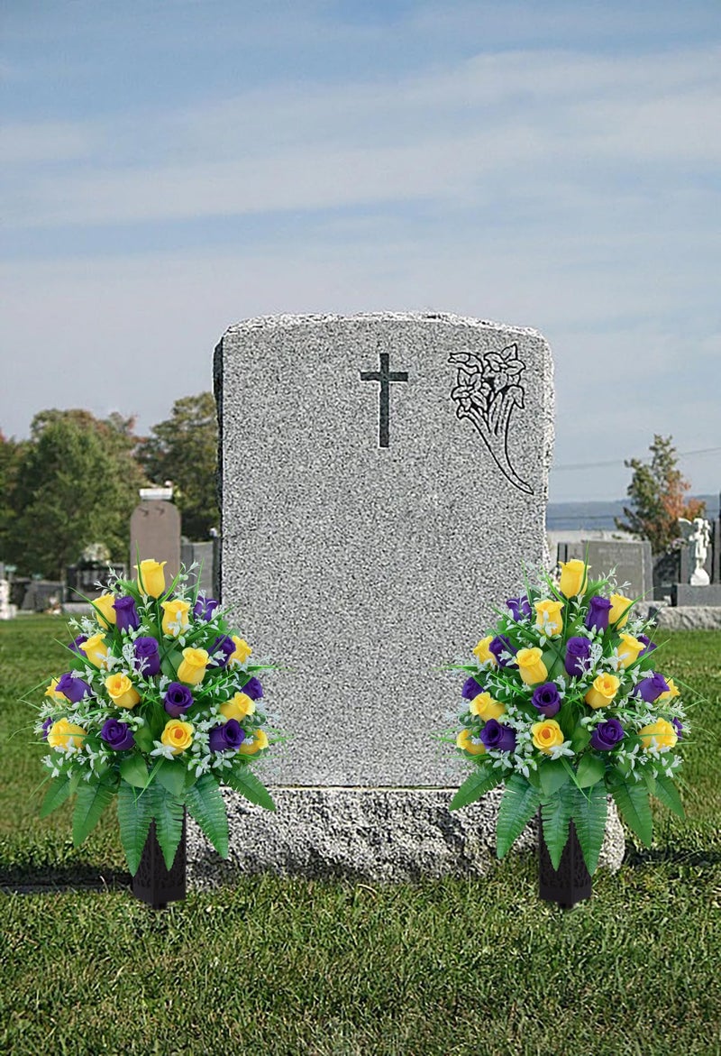 LVXINLI Artificial Cemetery Flowers, Gravesite Decoration Roses, Memorial Bouquets with Cemetery Vase, Vibrant and Long-Lasting Colors ï¼ˆ Yellow+Purple, 2 Bundles - Image 5