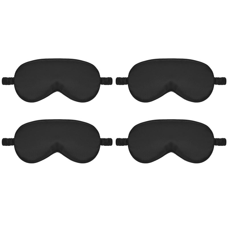 Silk Sleep Eye Mask 4 Pack Mulberry Silk Sleep Mask Eye Cover Blindfold with Elastic Strap Cute Satin Soft Eyeshade Masks for Women Night Sleeping Travel Nap (Black)