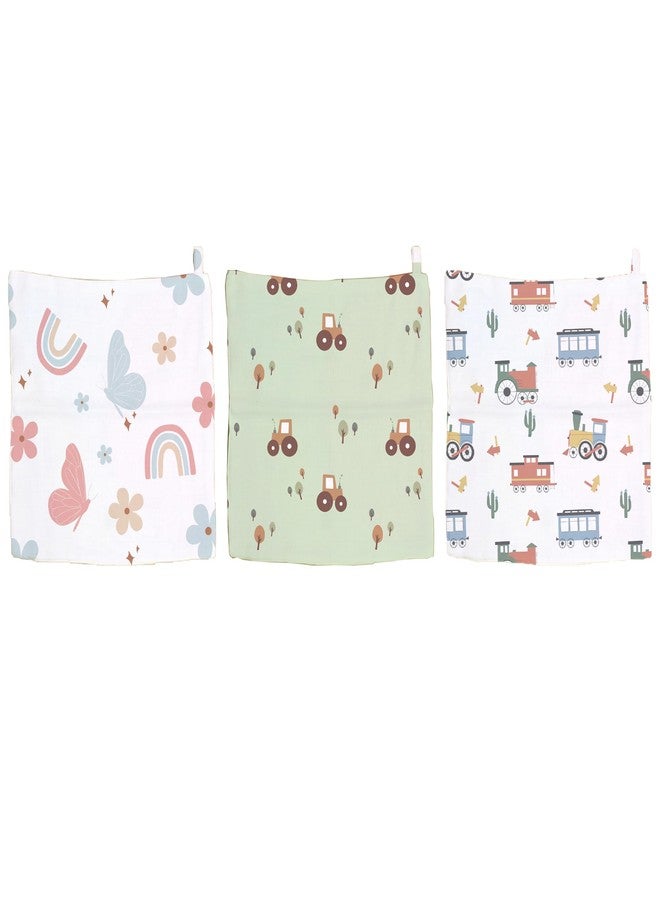 Mookoo Muslin Wipes for Baby | Baby Face Towels Newborn Soft | Baby Hanky Soft for New Born | Muslin Handkerchief|PO6(Tractor,Train,Butterfly) - Image 1