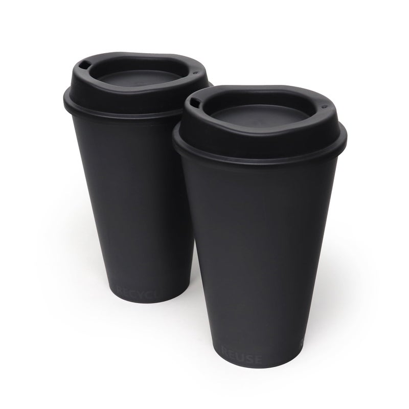 Rolling Sands USA Made 16 oz Reusable Coffee Cups with Lids 2 Pk To Go Travel Cups Hot or Cold Drinks Dishwasher and Microwave Safe Black