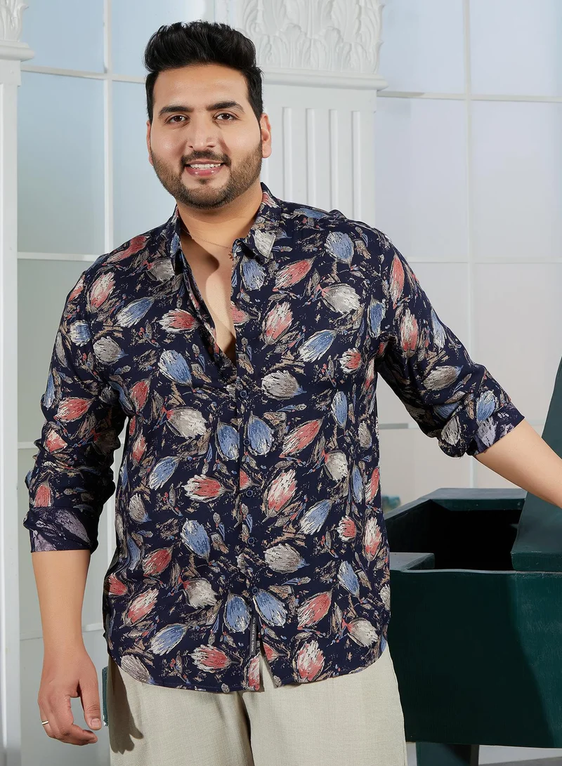 Instafab Plus Instafab Plus Men's Onyx Black Bloom-Traces Shirt For Casual Wear | Spread Collar | Long Cuffed Sleeves | Button Closure | Plus Size Shirt Crafted With Comfort Fit For Everyday Wear