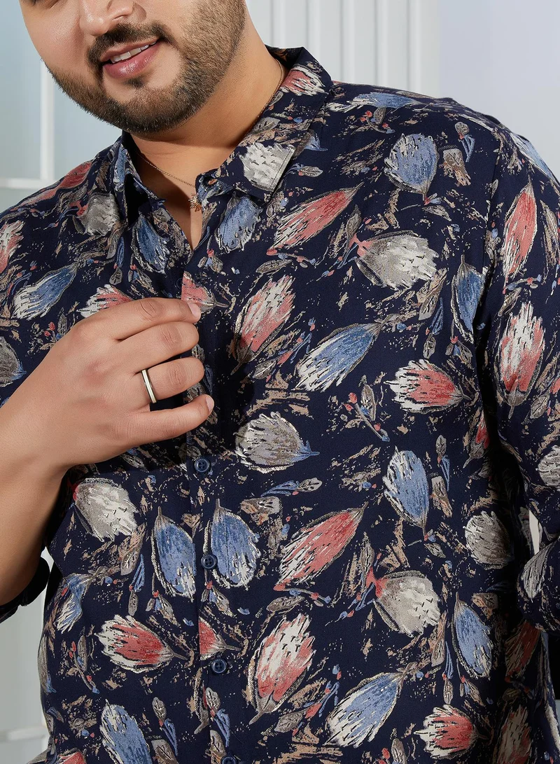 Instafab Plus  Instafab Plus Men's Onyx Black Bloom-Traces Shirt For Casual Wear | Spread Collar | Long Cuffed Sleeves | Button Closure | Plus Size Shirt Crafted With Comfort Fit For Everyday Wear for Men | Best Price UAE