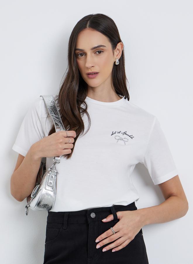 Styli Women White Embellished Knitted T-Shirt - Image 1