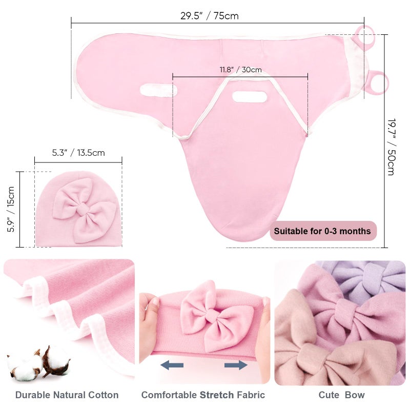 DRESHOW BQUBO 3 Pack Baby Swaddle Sleep Sacks Baby Swaddling Blanket Wrap Newborn Swaddle Sack with Big Bow Hat for Boys Girls 6-12 Lbs Newborns & 0-3 Months Girls Boys - Image 3