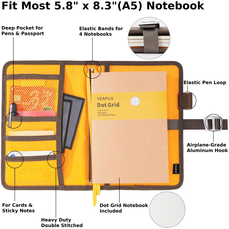 VEAPILS Field Journal Notebook A5 Planner Cover, Travel Journal for Men & Women A5 Travelers Notebook Cover, Water Resistant Waxed Canvas A5 Cover with Pen Holder, Included 5.8" x 8.3" Refillable Field Book - Image 2