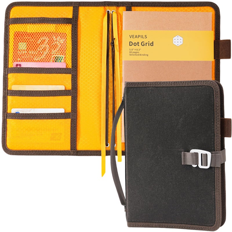 VEAPILS Field Journal Notebook A5 Planner Cover, Travel Journal for Men & Women A5 Travelers Notebook Cover, Water Resistant Waxed Canvas A5 Cover with Pen Holder, Included 5.8" x 8.3" Refillable Field Book - Image 1