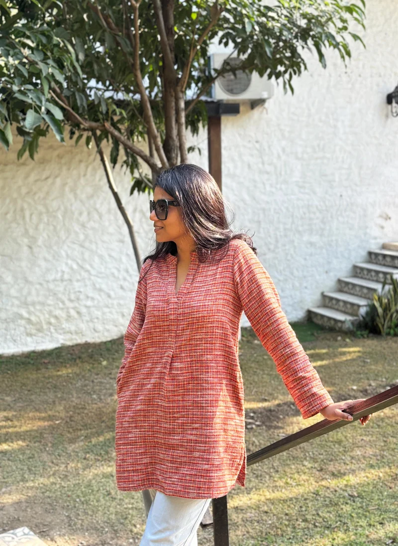 trueBrowns trueBrowns Rust Check Round V-Neck Woollen Top