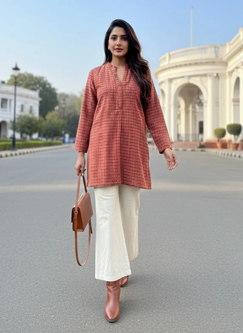 trueBrowns trueBrowns Rust Check Round V-Neck Woollen Top