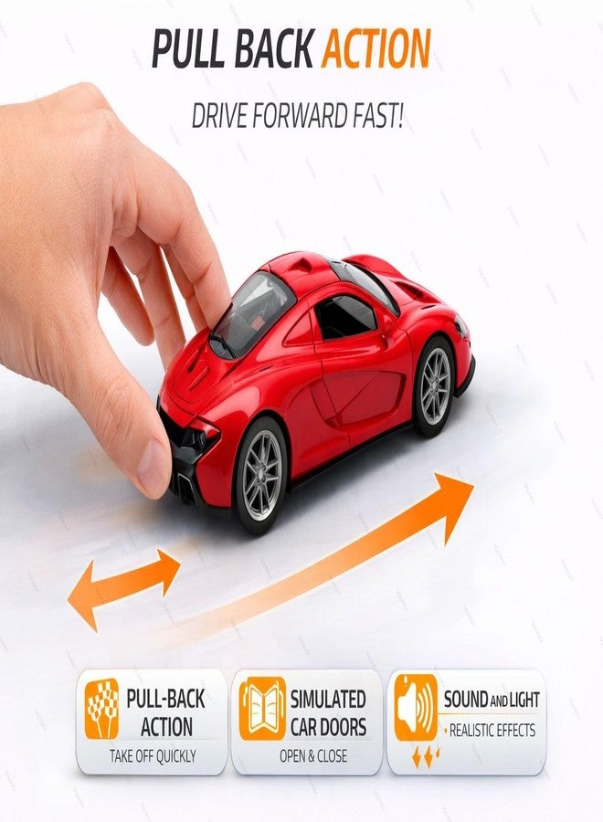 SQUIDSY McLaren Toy Car Model 1:36 Scale Die-cast Metal Pull Back Vehicle with Openable Doors, Lights & Music, Sports Model for Kids, Boys & Collectors (Red) - Image 3